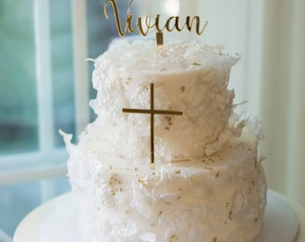 Cake Name Charm and Cross Topper Set / Holy Communion / Mirrored Acrylic / Gold / Rose Gold / Silver / Celebration / Christening / Baptism