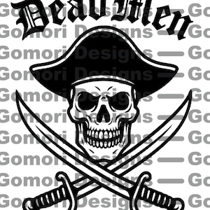 May include: A monochrome pirate design featuring a skull in a hat, crossed swords, and the phrase "Dead Men Tell No Tales." The image also includes the text "Instant Download! .SVG cut file personal use only" and "Gomori Designs".