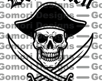 May include: Black and white pirate-themed graphic with a skull wearing a hat, crossed swords, and the text "Dead Men Tell No Tales." The design includes the text "Instant Download! .SVG cut file personal use only" and "Gomori Designs".
