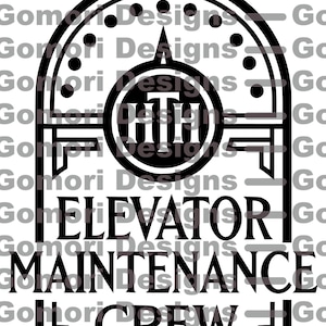 Può includere: Design grafico in bianco e nero con le parole "ELEVATOR MAINTENANCE CREW". Il design include il testo "Gomori Designs" e la frase "Instant Download! .SVG cut file personal use only".