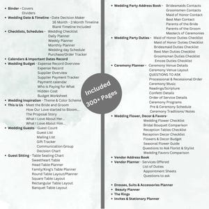 Może przedstawiać: Lista kontrolna do planowania ślubu, obejmująca budżet ślubny, listę gości, plan rozsadzenia, planowanie ceremonii i informacje o dostawcach. Lista kontrolna jest zorganizowana w kategorie i zawiera ponad 300 stron informacji.