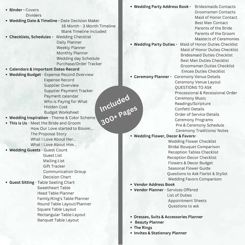 Może przedstawiać: Lista kontrolna do planowania ślubu, obejmująca budżet ślubny, listę gości, plan rozsadzenia, planowanie ceremonii i informacje o dostawcach. Lista kontrolna jest zorganizowana w kategorie i zawiera ponad 300 stron informacji.