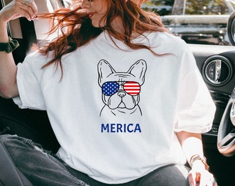 Koszulka unisex Merica Miłośnik zwierząt Ameryka 4 lipca Koszulka Top z okazji czwartego lipca Francuski buldog Okulary przeciwsłoneczne USA Flaga Koszulka Dzień Niepodległości Komfort Kolor
