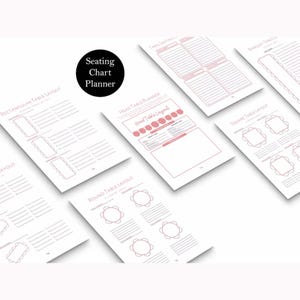 Może przedstawiać: Drukowany planer rozsadzenia gości z r&oacute;żnymi układami stoł&oacute;w, w tym prostokątnym, okrągłym, kwadratowym i stołem gł&oacute;wnym. Planer jest zaprojektowany w kolorze r&oacute;żowym i białym.