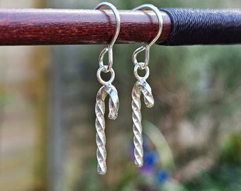 Candy Cane Earrings. Handmade Silver Festive Christmas Earrings for Party or Gift