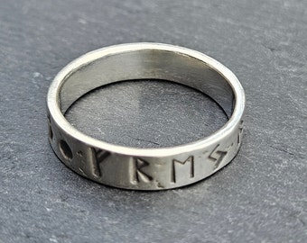 Norse Rune Ring - Thin Sterling Silver Band with Elder Futhark Viking Runes around the Band. Alternative Wedding Band. Customisable