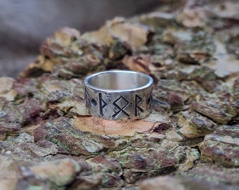 Norse Rune Ring - Thick Sterling Silver Band with Elder Futhark Viking Runes around the Band. Alternative Wedding Band. Customisable