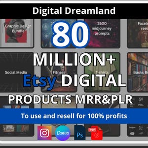 Puede incluir: Imagen promocional de productos digitales de Etsy. La imagen presenta el texto "Digital Dreamland" en la parte superior, con "80 MILLION+ Etsy DIGITAL PRODUCTS MRR&PLR" en el centro. El banner inferior dice "To use and resell for 100% profits."