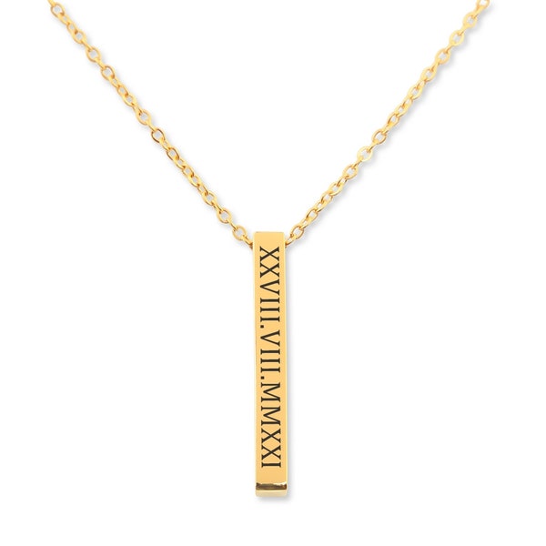 roman numeral necklace - gold bar necklace - personalized nameplate necklace - save the date - custom engraved