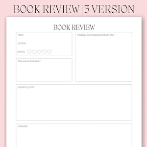 Book Review, Minimalist Book Review, Printible Book Review, A5,A4,Letter Size