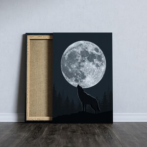 Wolf heult bei Vollmond Leinwand, Nachtwald Kunst, mystisches Tier Poster, dunkle Natur Dekoration, Wilderness Wanddruck