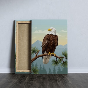 Lienzo de águila calva, póster de ave majestuosa, decoración de naturaleza montañosa, ilustración de vida silvestre, obra de arte rústica