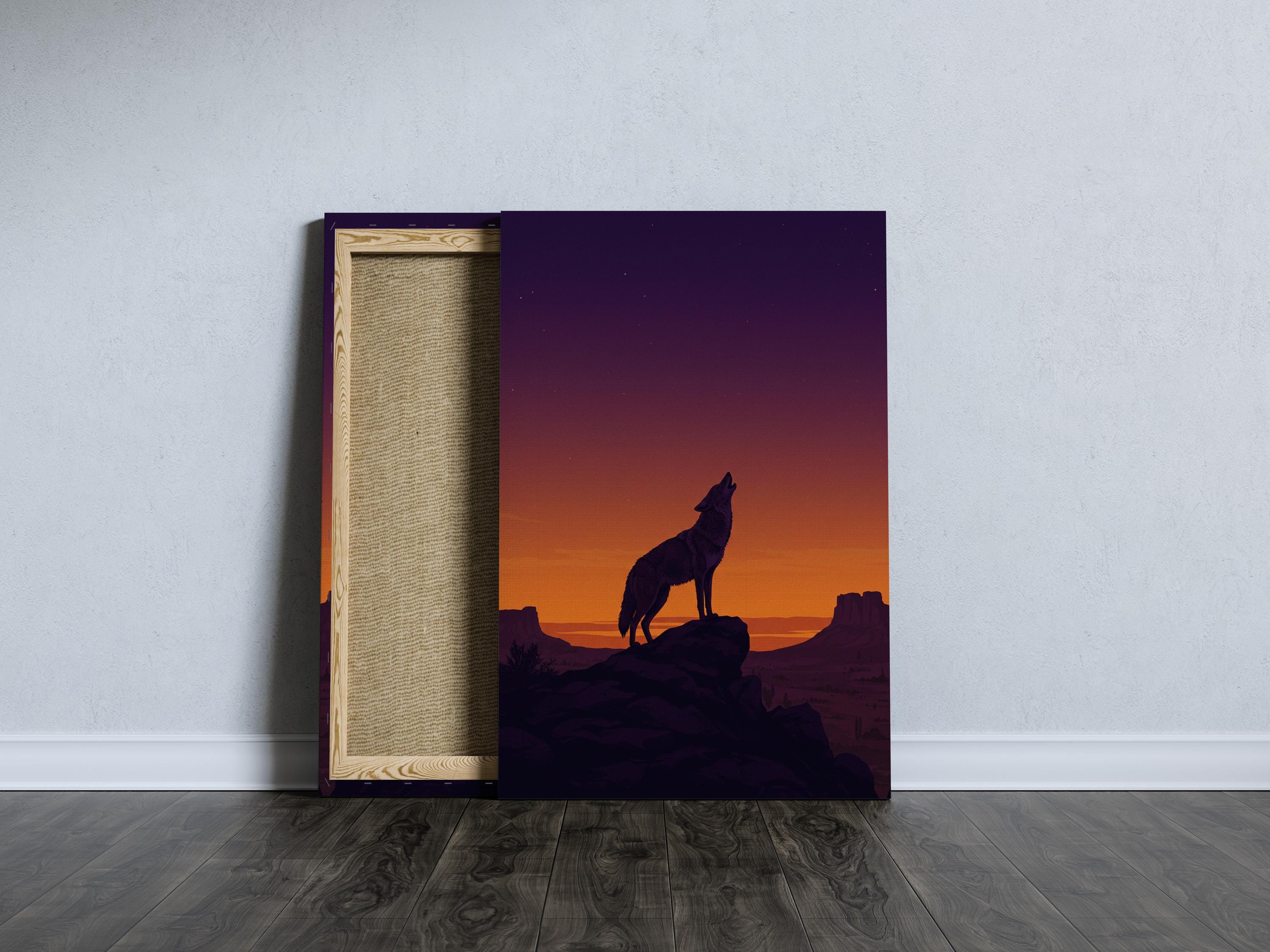 Coyote Howling at Sunset Canvas, Desert Sunset Wall Art, Wild Animal Poster, Minimalist Nature Illustration, Dusk Scene Decor