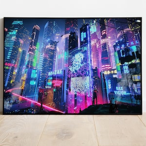 Cyberpunk City Poster, Neon Nachtlandschaft, Futuristische Kunst, Gamerzimmer Dekoration, Sci-Fi Dystopian Wandposter