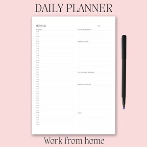 Work From Home Planner, Persönlicher Tagesplaner, Produktivitätsplaner, Täglicher Stundenplaner, Sofortiger Download, A5/A4/Letter/Half Letter