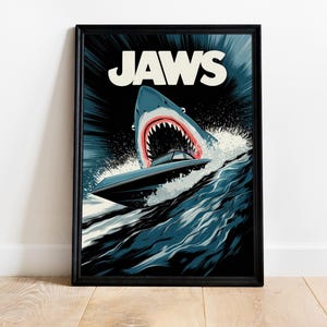 Póster de la película Tiburón, impresión clásica de terror, arte de ataque de tiburón, ilustración de suspenso de los años 70, decoración cinematográfica retro, obra de arte de película vintage, regalo