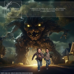 Monster Tree Halloween Digital Backdrop, Spooky Background for Composite Photography, Photo Manipulations for Kids