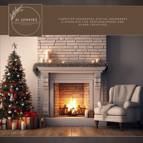 Christmas Fireplace Digital Photography Backdrop, Warm and Cozy Scene, Holiday Background, Photo Manipulations, Greeting Card