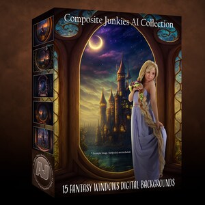 BUNDLE PACK - 15 Fantasy Windows Digital Backgrounds, Digital Backdrops, Fairy tale Windows, Composite Image, AI Fantasy Art, Princess