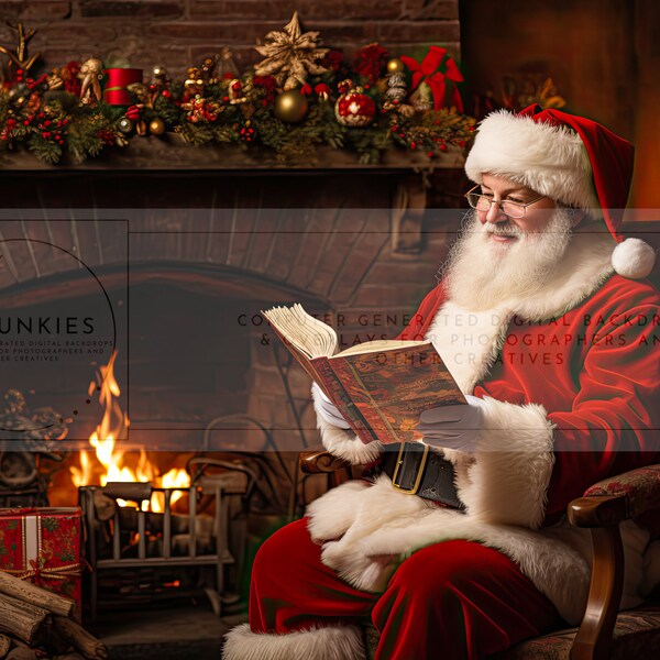 Santa Claus Reading a Book Digital Backdrop, Christmas Background for Holiday Photography Composites and Photo Manipulations, Old Saint Nick