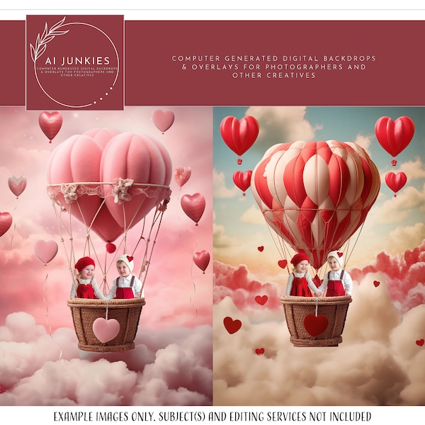 2 Pack - Valentine's Day Heart Hot Air Balloons for Photo Manipulations, Love Background for Composite Photography Art, Photoshop Overlays