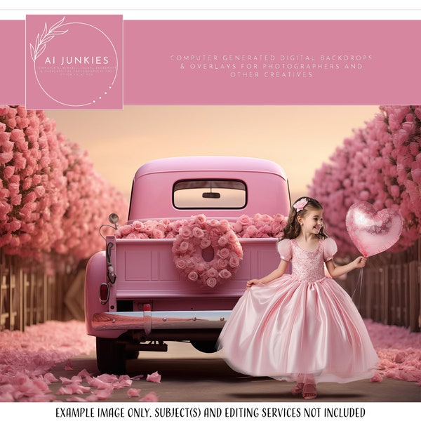 Pink Vintage Truck Valentine's Day Digital Backdrops Bundle Pack, Love and Flowers Background for Photography Photo Manipulations, Photoshop