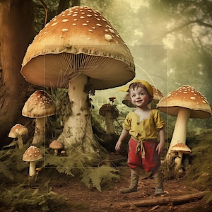 Toile de fond numérique champignon forêt enchantée | Fond de photographie de conte de fées fantastique | Scène forestière fantaisiste | Généré par l&#39;IA