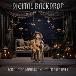 A Night Before Christmas Cozy Starry Bedroom for Composite Images, Warm Holiday Background for Photo Manipulations, Photoshop Overlays, AI