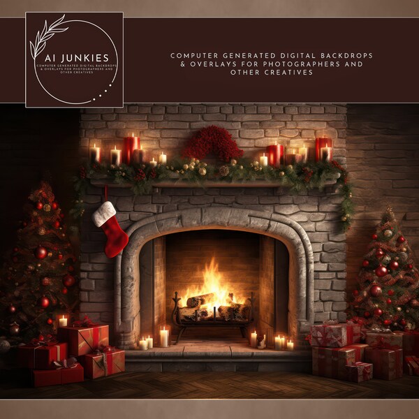 Christmas Fireplace Digital Photography Backdrop, Warm and Cozy Scene, Holiday Background, Photo Manipulations, Greeting Card