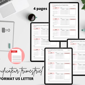 Peut inclure: Quatre pages imprimables d'un planificateur trimestriel au format US Letter. Chaque page présente un calendrier pour trois mois, avec de l'espace pour des notes et des listes de tâches. Le planificateur est conçu dans un style minimaliste avec des accents roses.