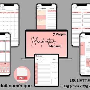 Peut inclure: Un planificateur numérique de 7 pages dans un schéma de couleurs rose et blanc. Le planificateur comprend un calendrier mensuel, un planificateur hebdomadaire, une liste de tâches et un suivi des habitudes. Le planificateur est conçu pour du papier de format US Letter, soit 21,6 cm par 27,9 cm.