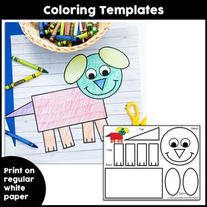 May include: A printable coloring template for a dog made from geometric shapes. The template includes a head, body, legs, tail, and ears. The dog is outlined in black and ready to be colored in.
