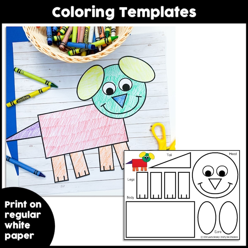 May include: A printable coloring template for a dog made from geometric shapes. The template includes a head, body, legs, tail, and ears. The dog is outlined in black and ready to be colored in.