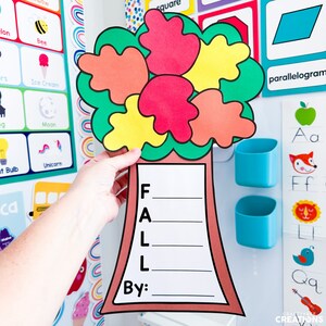 May include: A colorful paper tree with a brown trunk and green leaves, holding a sign that says "FALL By:". The leaves are red, orange, and yellow. The tree is being held up by a hand.