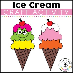 May include: A printable craft activity for kids to make ice cream cones. The image shows two ice cream cones, one with green, yellow, and pink scoops and a cherry on top, and the other with orange, pink, and white scoops and a cherry on top. The cones are brown and have a waffle pattern.