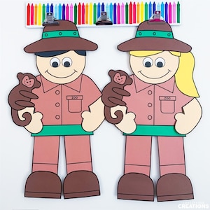 May include: Two paper zookeeper figures, one with black hair and one with blonde hair, each holding a brown monkey. Both figures are wearing brown hats, pink shirts with a green belt, and brown pants and shoes. The shirts have a white circle with the word "ZOO" on them.