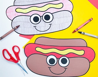 Patrón de artesanía de perritos calientes / Manualidad de camping para niños / Plantilla de perritos calientes / Actividades de camping / Artesanía de comida / Picnic / Comida chatarra / Verano