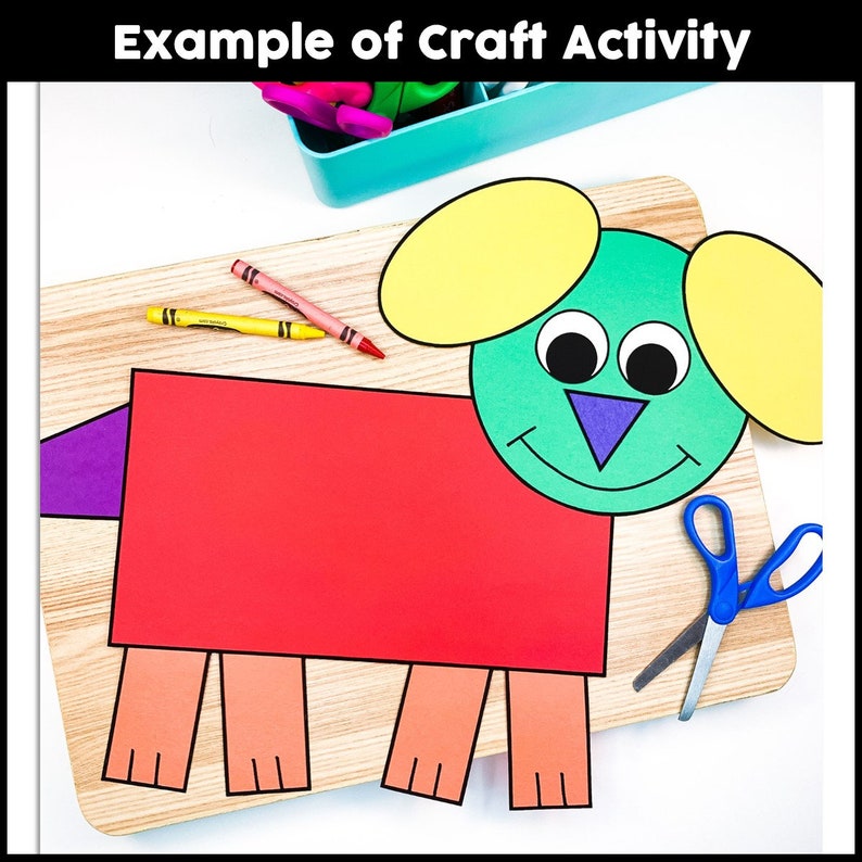 May include: A craft activity for kids to make a dog using different colored shapes. The dog is made of a red rectangle for the body, purple triangle for the tail, orange rectangles for the legs, and a green circle for the head. The head has yellow circles for ears, white circles for eyes, and a purple triangle for the nose.