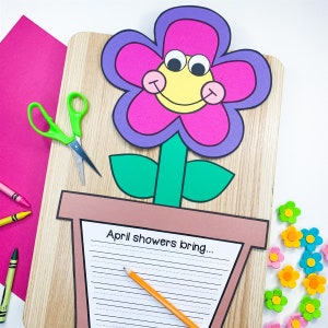 May include: A printable craft activity for kids featuring a flower pot with a smiling flower and a writing prompt that says "April showers bring..."