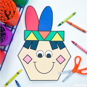 May include: A printable craft template for a Native American headdress. The template is a hexagon shape with a smiling face, eyes, and a headdress with red, blue, green, and yellow triangles.