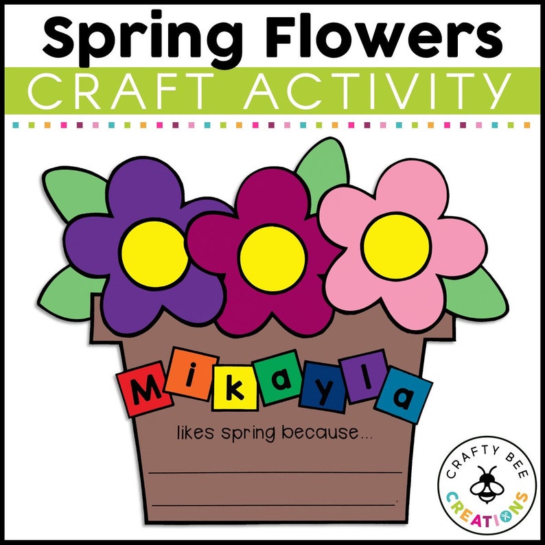K&ouml;nnte beinhalten: Eine Bastelarbeit f&uuml;r Kinder, um einen Fr&uuml;hlingsblumentopf zu basteln. Der Topf ist braun mit einer lila, rosa und roten Blume darauf. Der Topf hat Platz f&uuml;r einen Namen und eine Schreibaufforderung, die lautet "mag den Fr&uuml;hling, weil..."