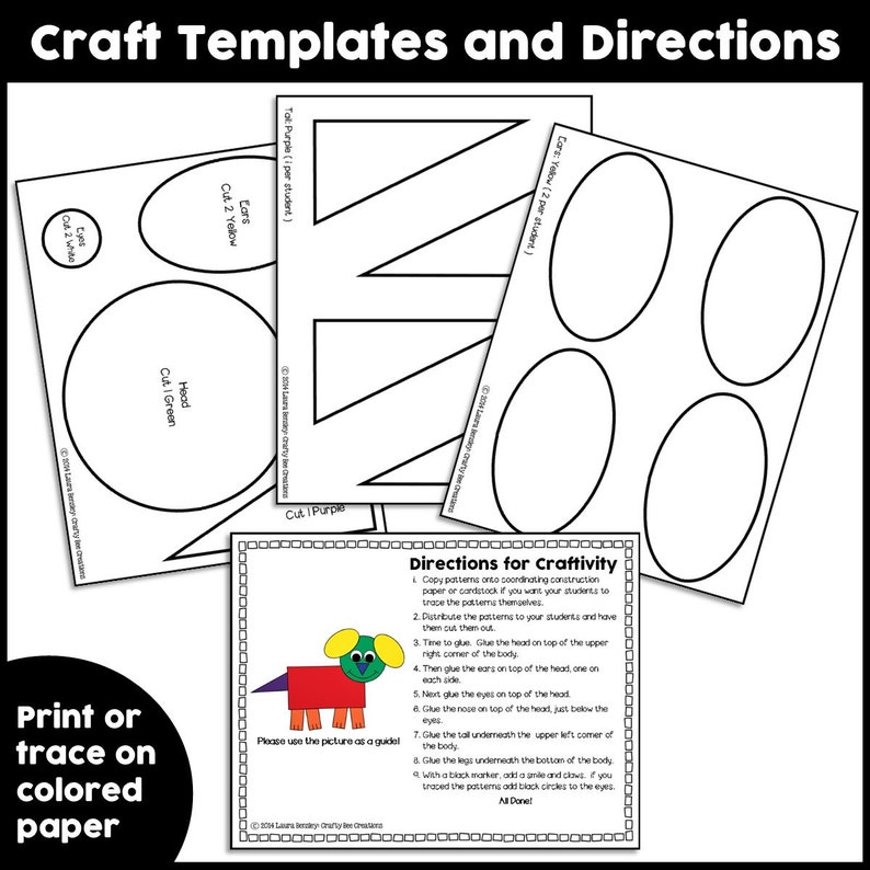 May include: Printable craft templates for making a dog. The templates include a head, body, ears, eyes, nose, and legs. The instructions are included on a separate sheet. Print or trace the templates on colored paper.