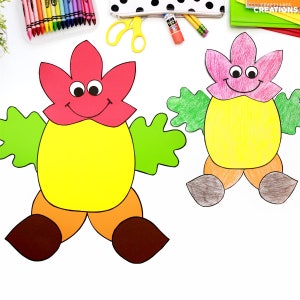 May include: Two paper craft characters with large heads and small bodies. The character on the left has a red flower head, green arms, an orange body, and brown feet. The character on the right has a pink flower head, green arms, an orange body, and brown feet.