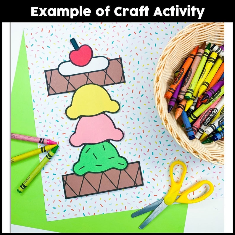 Puede incluir: Una actividad artesanal para que los ni&ntilde;os hagan un cono de helado. La actividad incluye una plantilla imprimible de un cono de helado con tres bolas de helado, una cereza en la parte superior y un cono de barquillo. La actividad tambi&eacute;n incluye crayones y tijeras.