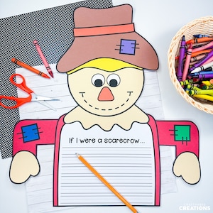 May include: A printable scarecrow craft for kids. The scarecrow has a red shirt, a brown hat, and a blank space for writing "If I were a scarecrow..."