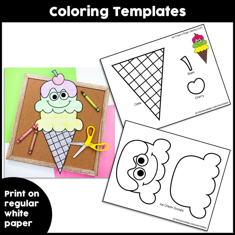 May include: Printable coloring pages for a craft project to make an ice cream cone. The pages include a cone, scoops of ice cream, a cherry, and a stem. The text "Ice Cream 2 Page Coloring Craft" is at the top of the page.