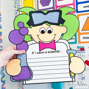 May include: A printable craft activity for kids featuring a cartoon scientist holding a beaker and test tube. The craft includes a writing prompt: "If I were a scientist..."