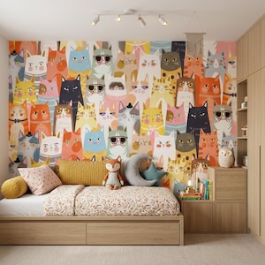 May include: A bedroom featuring a wall covered in colorful cat-themed wallpaper, a wooden bed frame with a patterned quilt, a mustard yellow bolster pillow, a pink polka-dot pillow, a fox plush toy, a crescent moon pillow, and a star-shaped pillow.
