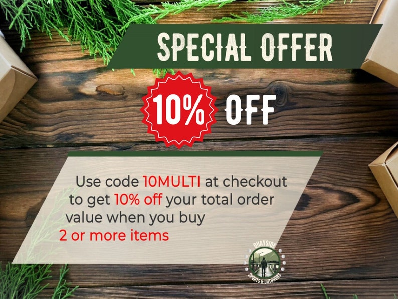 Puede incluir: Un gr&aacute;fico de oferta especial con un c&iacute;rculo rojo que contiene el texto "10% OFF" sobre un fondo de madera. El texto "Usa el c&oacute;digo 10MULTI en la caja para obtener un 10% de descuento en el valor total de tu pedido al comprar 2 o m&aacute;s art&iacute;culos" se muestra debajo del c&iacute;rculo.