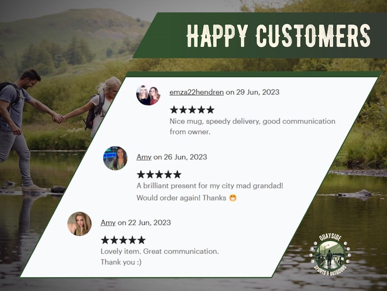 May include: Three customer reviews for a business called Quayside Sports & Outdoors. The reviews are positive and include five-star ratings. The reviews are from customers named Amy and emza22hendren. The reviews are dated June 2023.
